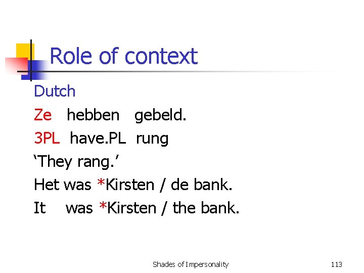 Role of context Dutch Ze hebben gebeld. 3 PL have. PL rung ‘They rang.