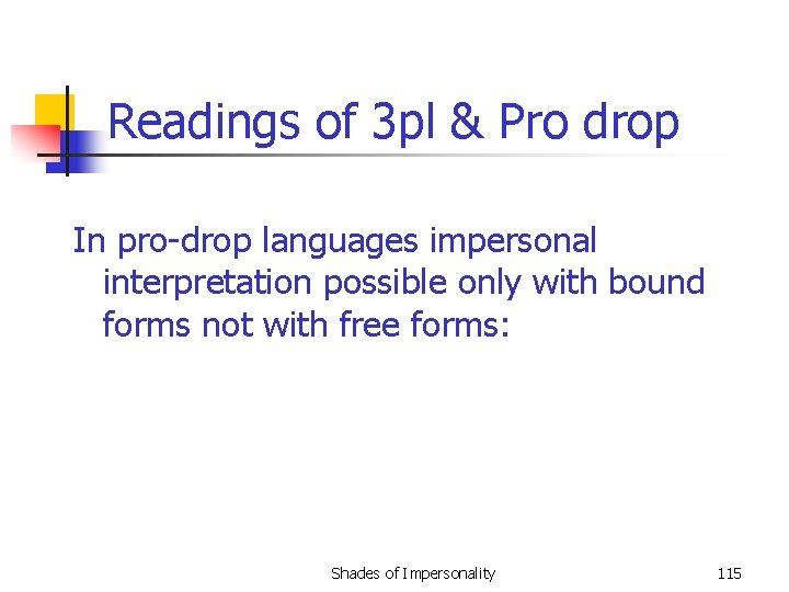 Readings of 3 pl & Pro drop In pro-drop languages impersonal interpretation possible only