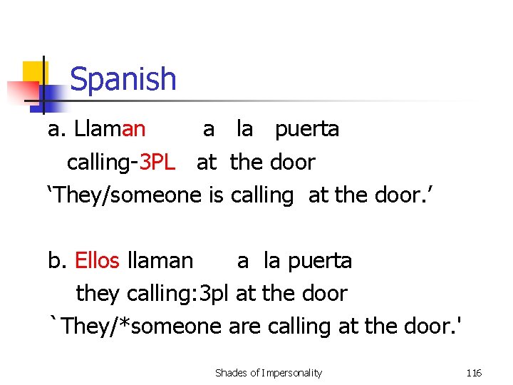 Spanish a. Llaman a la puerta calling-3 PL at the door ‘They/someone is calling