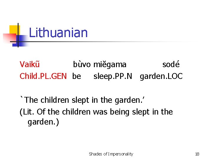 Lithuanian Vaikũ bùvo miĕgama sodé Child. PL. GEN be sleep. PP. N garden. LOC