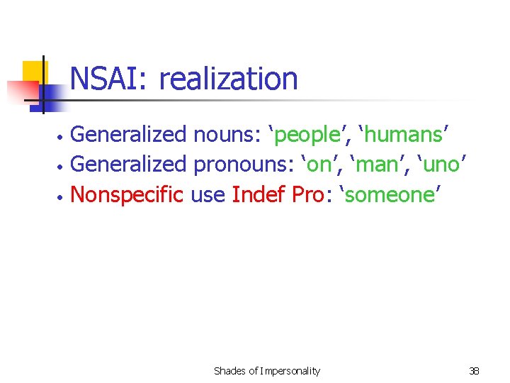NSAI: realization • • • Generalized nouns: ‘people’, ‘humans’ Generalized pronouns: ‘on’, ‘man’, ‘uno’