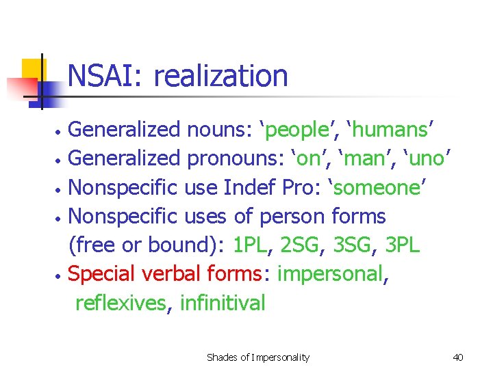 NSAI: realization • • • Generalized nouns: ‘people’, ‘humans’ Generalized pronouns: ‘on’, ‘man’, ‘uno’