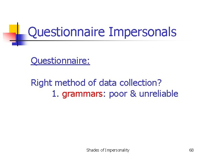 Questionnaire Impersonals Questionnaire: Right method of data collection? 1. grammars: poor & unreliable Shades