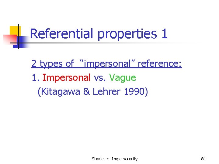 Referential properties 1 2 types of “impersonal” reference: 1. Impersonal vs. Vague (Kitagawa &