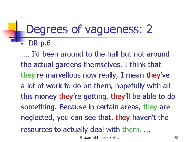 Degrees of vagueness: 2 DR p. 6 … I’d been around to the hall