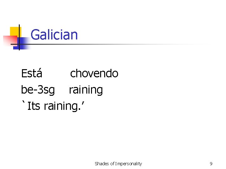 Galician Está chovendo be-3 sg raining `Its raining. ’ Shades of Impersonality 9 