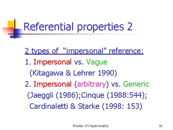 Referential properties 2 2 types of “impersonal” reference: 1. Impersonal vs. Vague (Kitagawa &