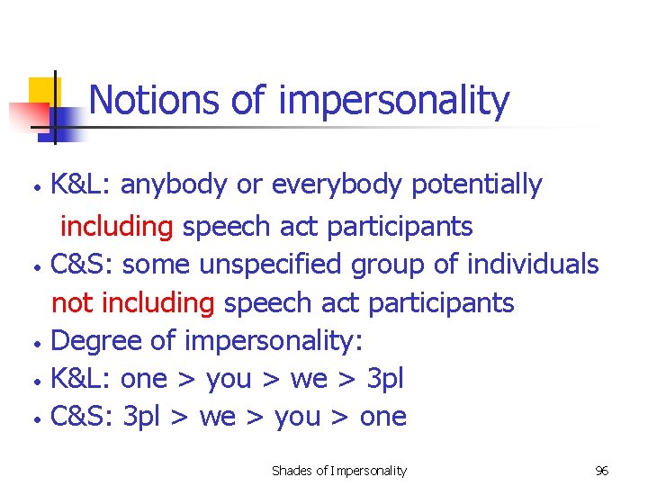 Notions of impersonality • • • K&L: anybody or everybody potentially including speech act