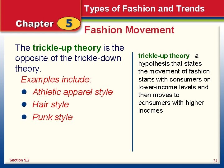 Types of Fashion and Trends Fashion Movement The trickle-up theory is the opposite of