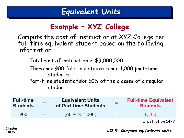 Equivalent Units Example – XYZ College Compute the cost of instruction at XYZ College Equivalent Units Example – XYZ College Compute the cost of instruction at XYZ College