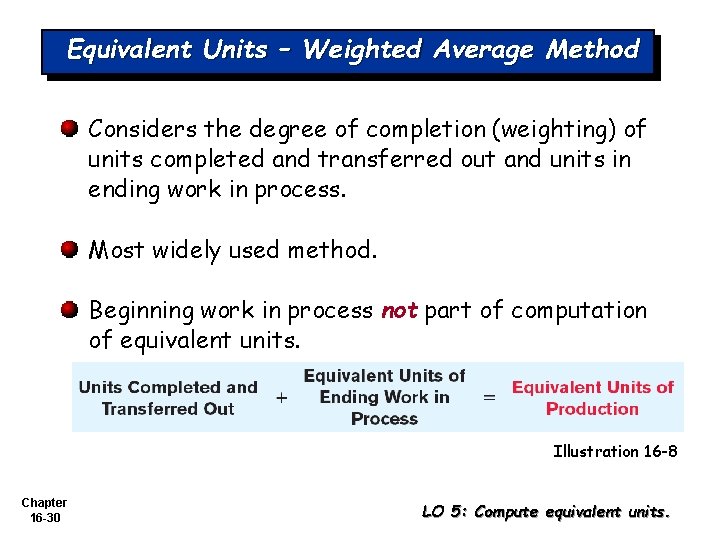 Equivalent Units – Weighted Average Method Considers the degree of completion (weighting) of units Equivalent Units – Weighted Average Method Considers the degree of completion (weighting) of units