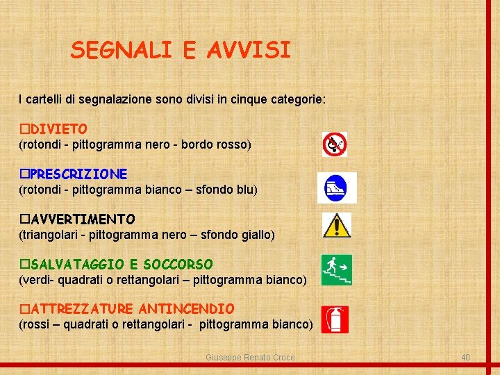 SEGNALI E AVVISI I cartelli di segnalazione sono divisi in cinque categorie: �DIVIETO (rotondi