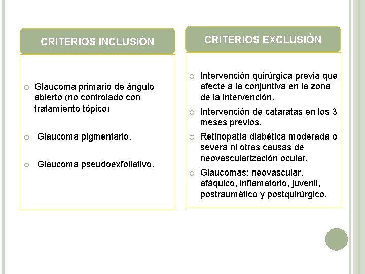 CRITERIOS EXCLUSIÓN CRITERIOS INCLUSIÓN DISEÑO DEL ESTUDIO Glaucoma primario de ángulo abierto (no controlado