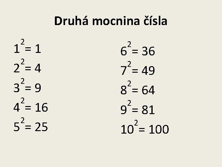 Druhá mocnina čísla 2 1 =1 2 2 =4 2 3 =9 2 4