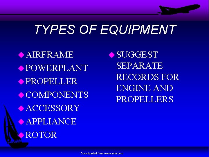 TYPES OF EQUIPMENT u AIRFRAME u SUGGEST u POWERPLANT u PROPELLER u COMPONENTS u