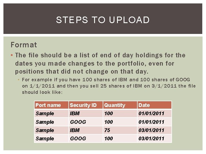 STEPS TO UPLOAD Format • The file should be a list of end of