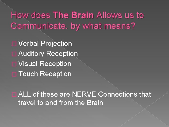 How does The Brain Allows us to Communicate. by what means? � Verbal Projection How does The Brain Allows us to Communicate. by what means? � Verbal Projection