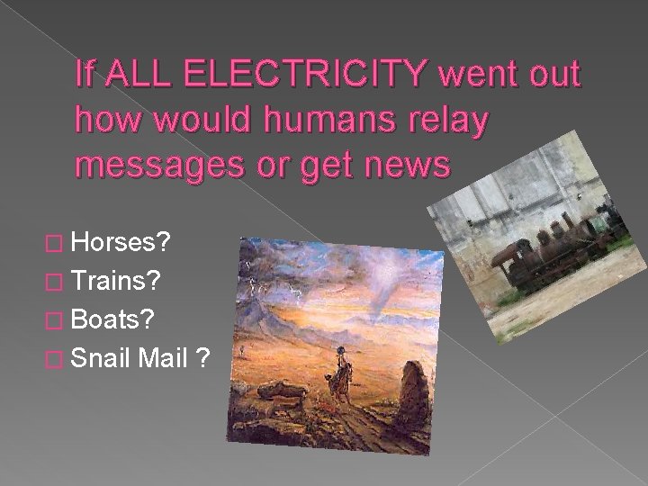 If ALL ELECTRICITY went out how would humans relay messages or get news � If ALL ELECTRICITY went out how would humans relay messages or get news �