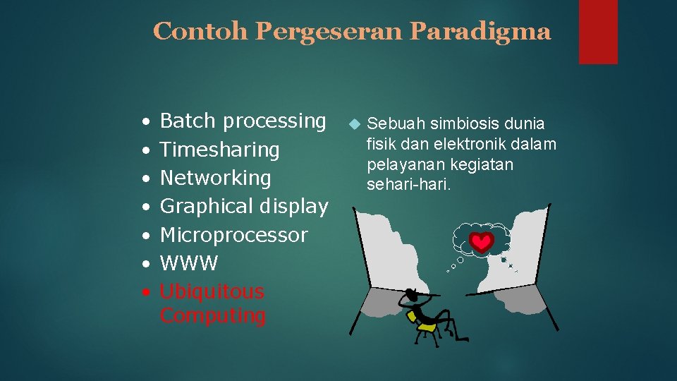 Contoh Pergeseran Paradigma • • Batch processing Timesharing Networking Graphical display Microprocessor WWW Ubiquitous