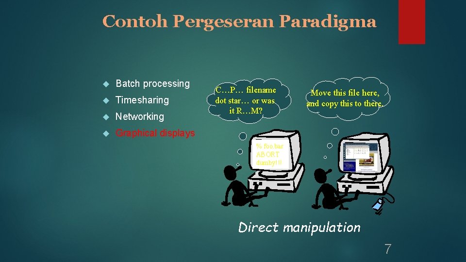 Contoh Pergeseran Paradigma Batch processing Timesharing Networking Graphical displays C…P… filename dot star… or