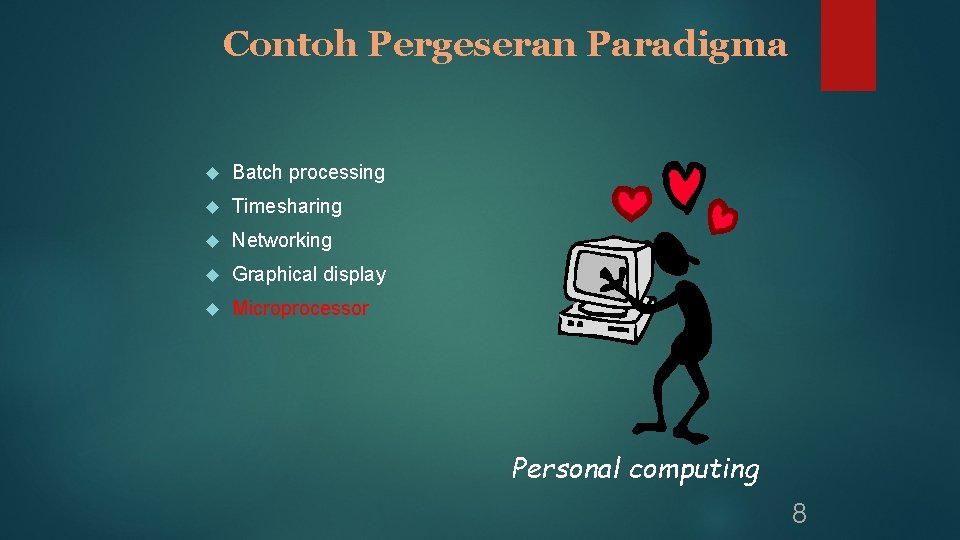 Contoh Pergeseran Paradigma Batch processing Timesharing Networking Graphical display Microprocessor Personal computing 8 