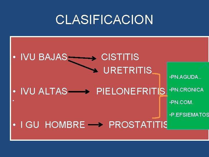 CLASIFICACION • IVU BAJAS • IVU ALTAS • CISTITIS URETRITIS • PN. AGUDA. . CLASIFICACION • IVU BAJAS • IVU ALTAS • CISTITIS URETRITIS • PN. AGUDA. .