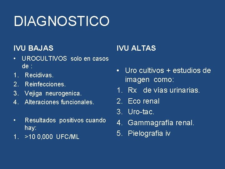 DIAGNOSTICO IVU BAJAS • UROCULTIVOS solo en casos de : 1. Recidivas. 2. Reinfecciones. DIAGNOSTICO IVU BAJAS • UROCULTIVOS solo en casos de : 1. Recidivas. 2. Reinfecciones.
