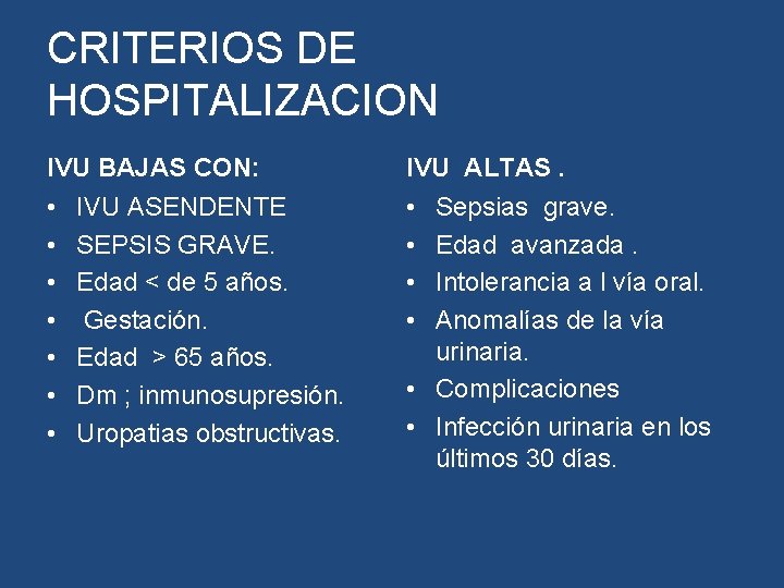 CRITERIOS DE HOSPITALIZACION IVU BAJAS CON: IVU ALTAS. • • • IVU ASENDENTE SEPSIS CRITERIOS DE HOSPITALIZACION IVU BAJAS CON: IVU ALTAS. • • • IVU ASENDENTE SEPSIS