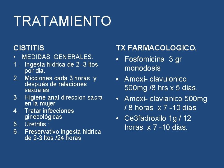 TRATAMIENTO CISTITIS TX FARMACOLOGICO. • MEDIDAS GENERALES: 1. Ingesta hídrica de 2 -3 ltos TRATAMIENTO CISTITIS TX FARMACOLOGICO. • MEDIDAS GENERALES: 1. Ingesta hídrica de 2 -3 ltos