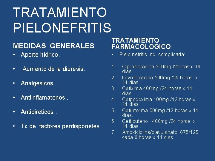 TRATAMIENTO PIELONEFRITIS MEDIDAS GENERALES TRATAMIENTO FARMACOLOGICO • Aporte hídrico. • • 1. Aumento de TRATAMIENTO PIELONEFRITIS MEDIDAS GENERALES TRATAMIENTO FARMACOLOGICO • Aporte hídrico. • • 1. Aumento de