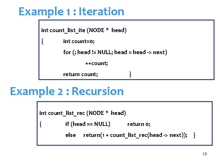 Example 1 : Iteration int count_list_ite (NODE * head) { int count=0; for (;