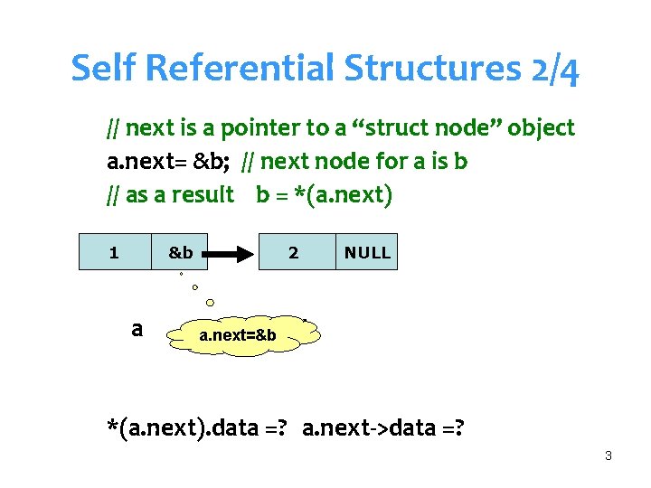 Self Referential Structures 2/4 // next is a pointer to a “struct node” object