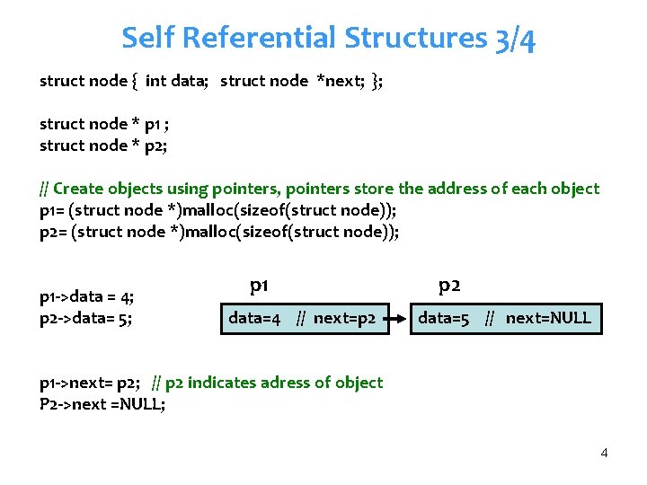 Self Referential Structures 3/4 struct node { int data; struct node *next; }; struct