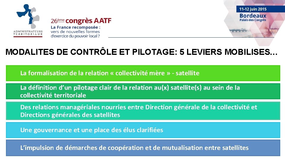MODALITES DE CONTRÔLE ET PILOTAGE: 5 LEVIERS MOBILISES… La formalisation de la relation «