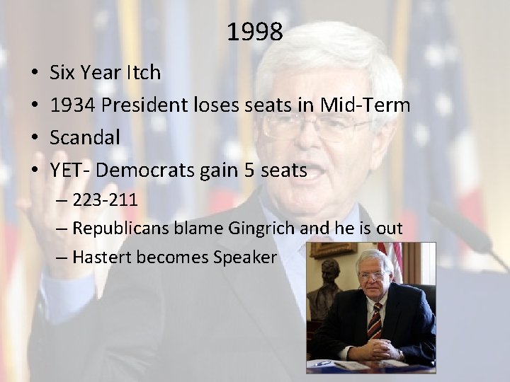 1998 • • Six Year Itch 1934 President loses seats in Mid-Term Scandal YET-