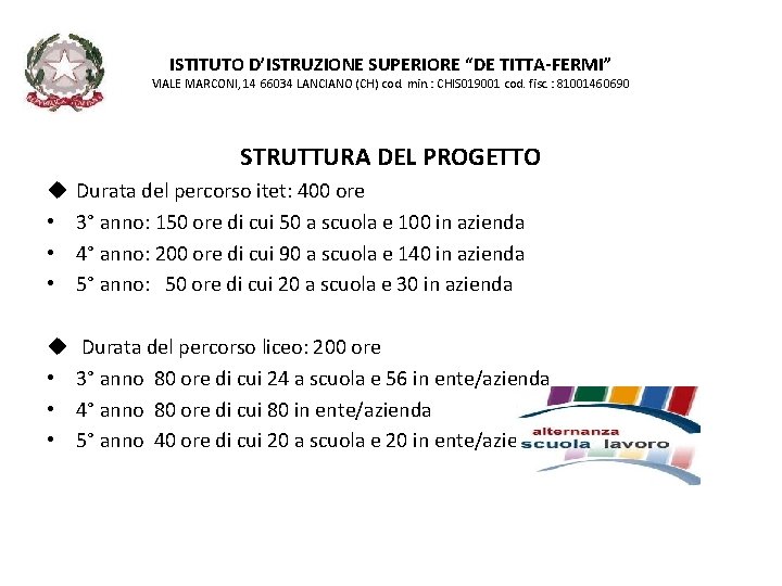 ISTITUTO D’ISTRUZIONE SUPERIORE “DE TITTA-FERMI” VIALE MARCONI, 14 66034 LANCIANO (CH) cod. min. :