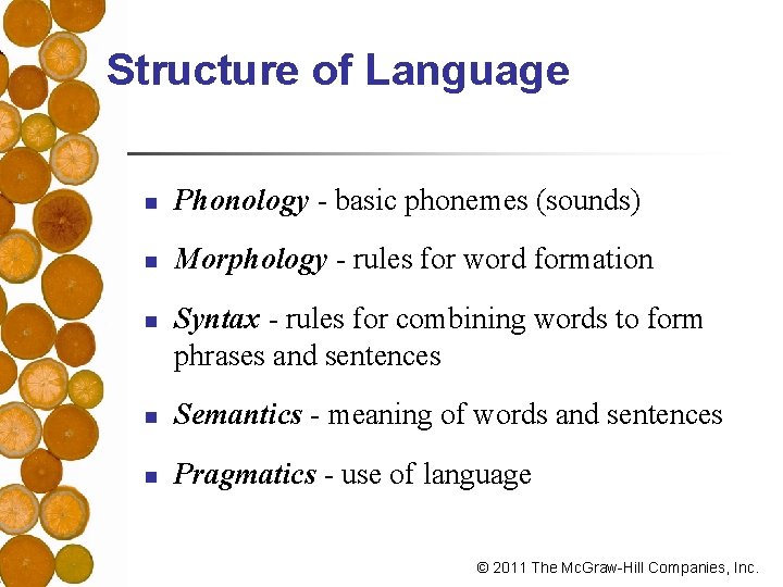 Structure of Language n Phonology - basic phonemes (sounds) n Morphology - rules for