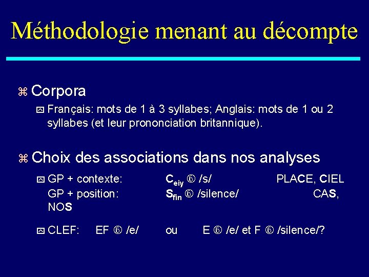 Méthodologie menant au décompte z Corpora y Français: mots de 1 à 3 syllabes;