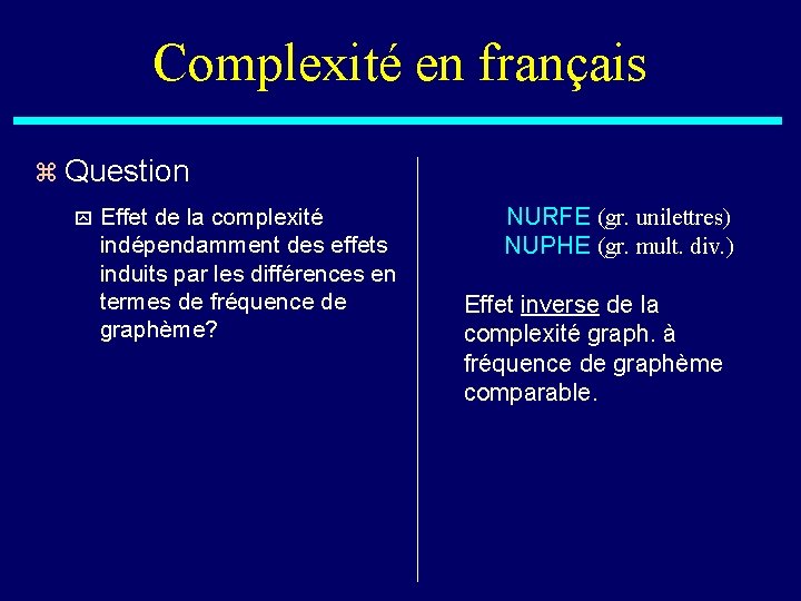 Complexité en français z Question y Effet de la complexité indépendamment des effets induits