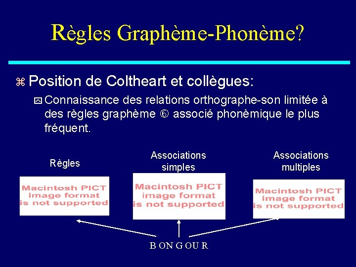 Règles Graphème-Phonème? z Position de Coltheart et collègues: y Connaissance des relations orthographe-son limitée