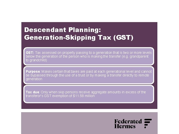 Descendant Planning: Generation-Skipping Tax (GST) GST: Tax assessed on property passing to a generation