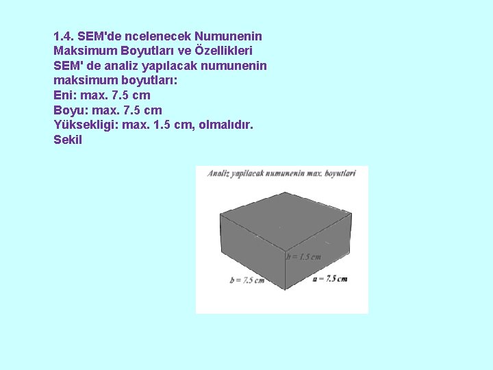 1. 4. SEM'de ncelenecek Numunenin Maksimum Boyutları ve Özellikleri SEM' de analiz yapılacak numunenin