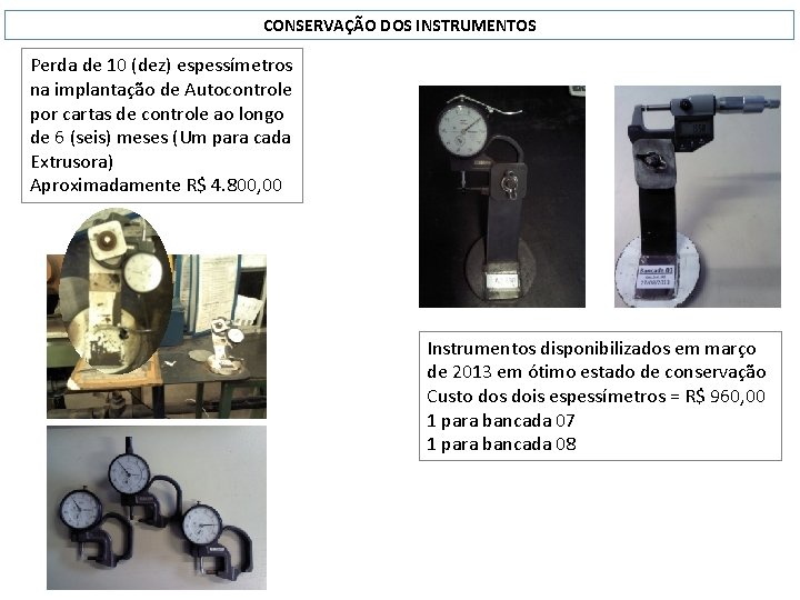 CONSERVAÇÃO DOS INSTRUMENTOS Perda de 10 (dez) espessímetros na implantação de Autocontrole por cartas