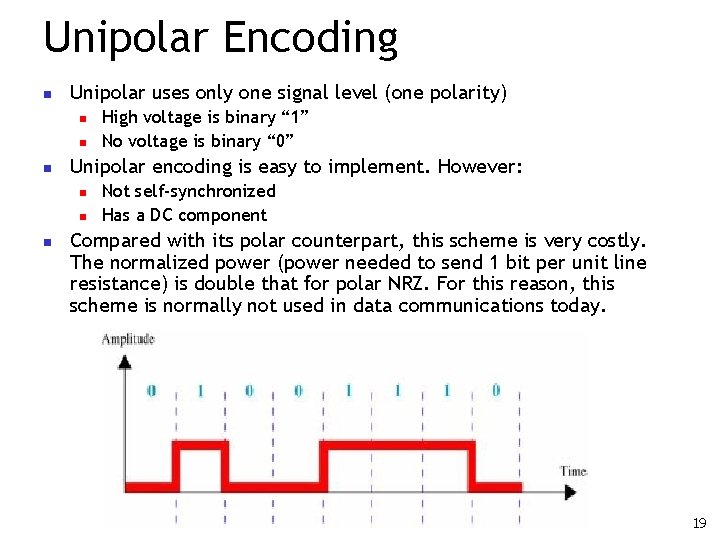 Unipolar Encoding n Unipolar uses only one signal level (one polarity) n n n
