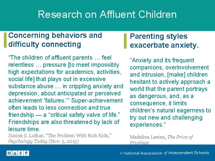 Research on Affluent Children Concerning behaviors and difficulty connecting Parenting styles exacerbate anxiety. “The