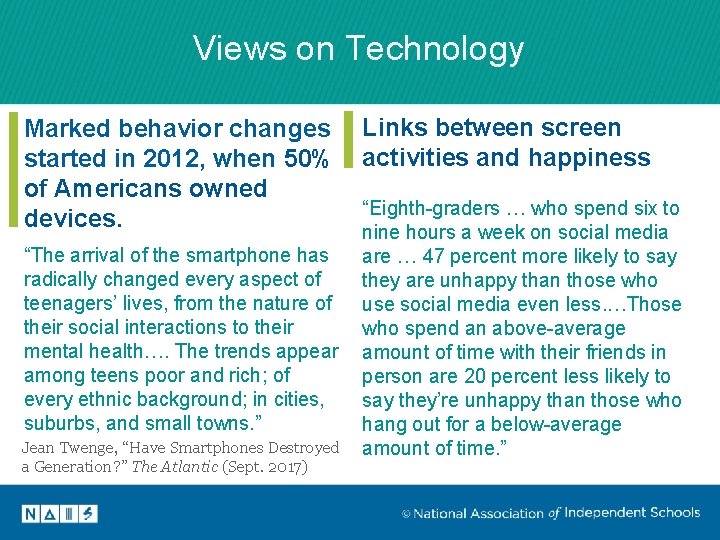 Views on Technology Marked behavior changes Links between screen started in 2012, when 50%