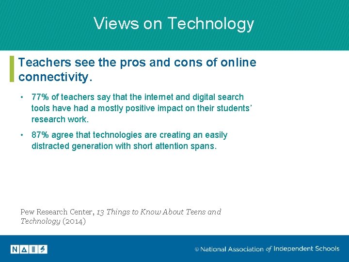 Views on Technology Teachers see the pros and cons of online connectivity. • 77%