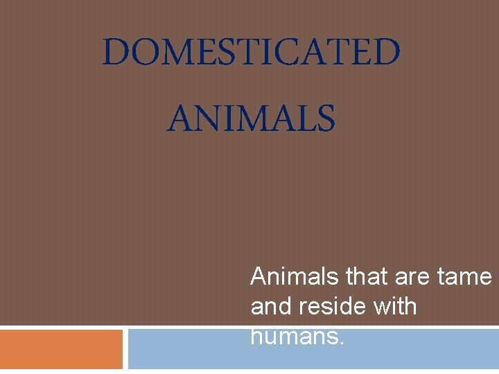 DOMESTICATED ANIMALS Animals that are tame and reside with humans. DOMESTICATED ANIMALS Animals that are tame and reside with humans.