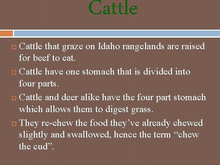 Cattle that graze on Idaho rangelands are raised for beef to eat. Cattle have Cattle that graze on Idaho rangelands are raised for beef to eat. Cattle have