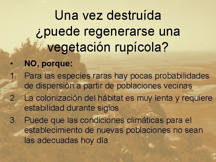 Una vez destruída ¿puede regenerarse una vegetación rupícola? • NO, porque: 1. Para las